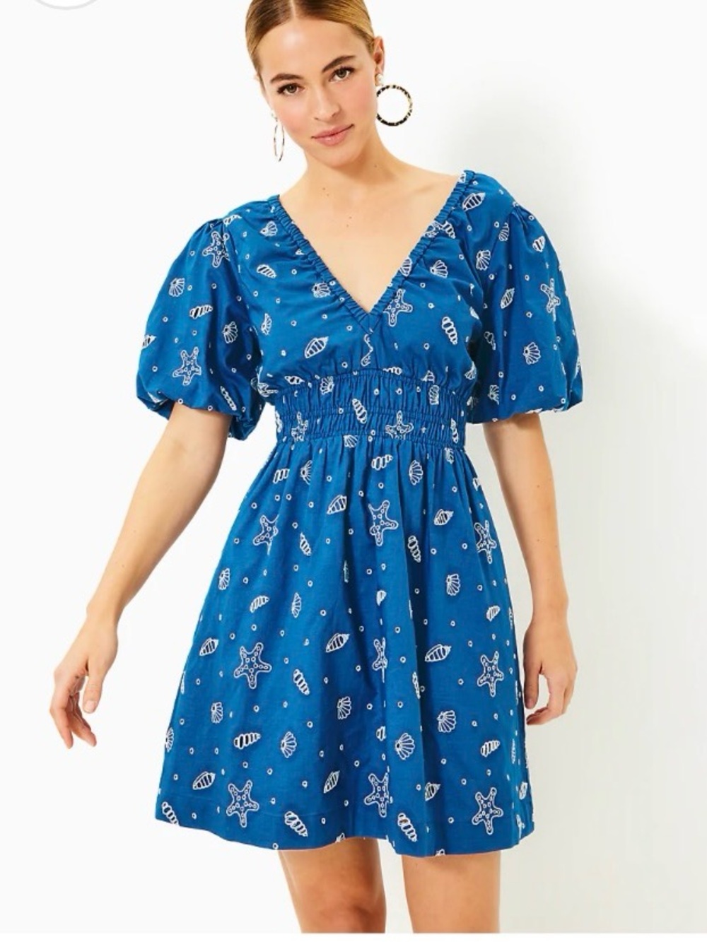 Lilly Pulitzer Kilynn Royal Blue Seashell Puff-Sleeve Cotton Mini Dress